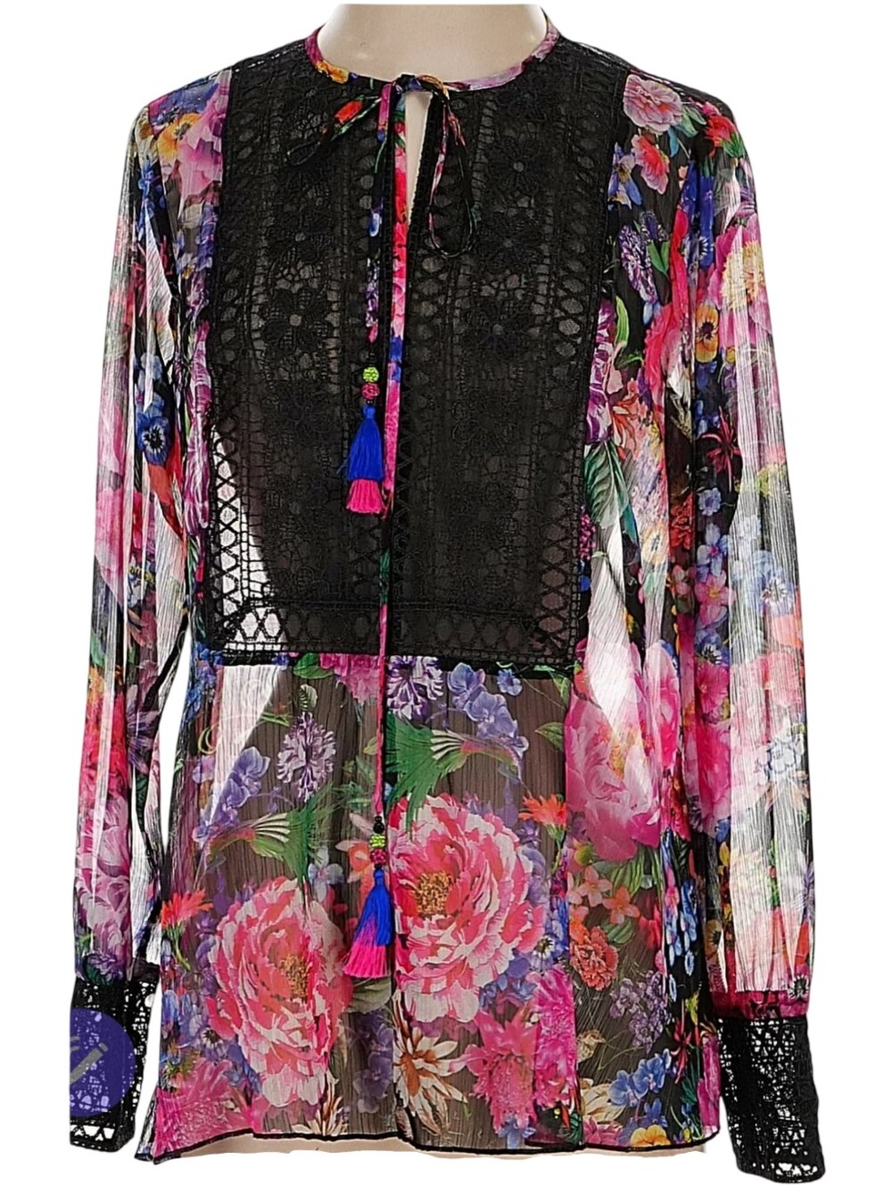 TADASHI SHOJI Gaberira Sheer Floral Tie Neck Blouse W/ Lace Panel & Cuffs Sz 4 - Picture 2 of 11